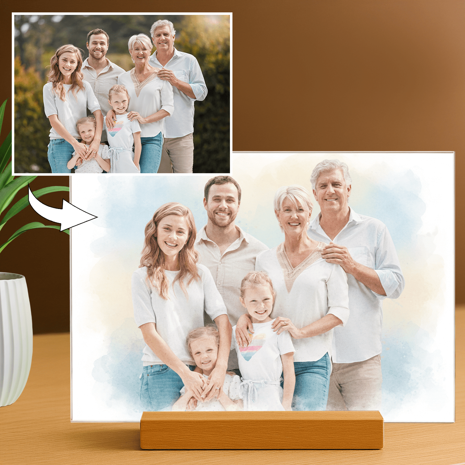 Lampka LED dla Rodziców – rodzinny portret akwarelowy na szkle akrylowym - StwórzPrezent.pl