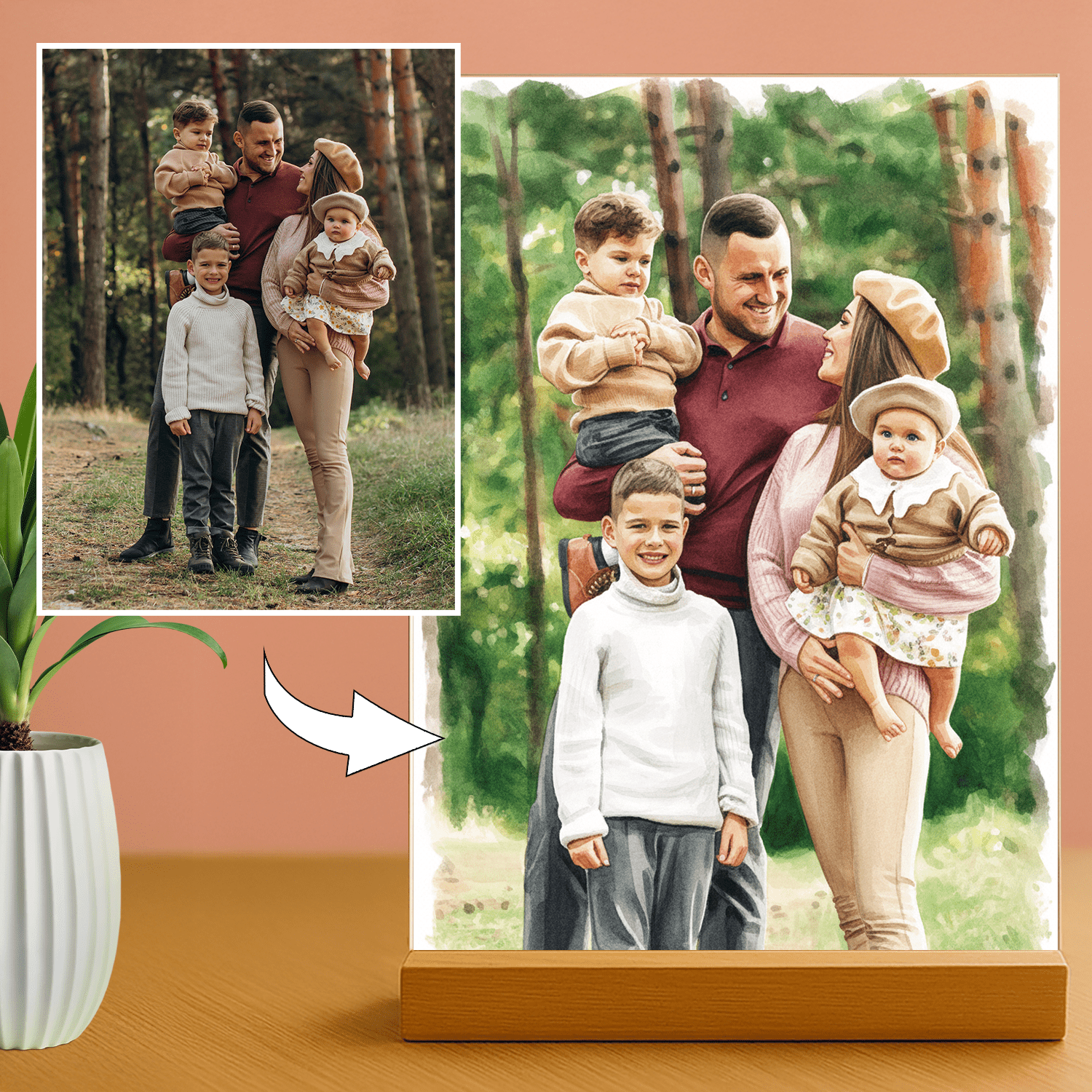 Lampka LED dla Rodziców – rodzinny portret w akwareli na szkle akrylowym - StwórzPrezent.pl