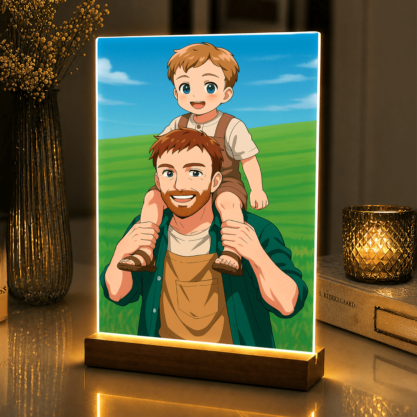 Lampka LED dla Taty – tata i syn w stylu anime na szkle akrylowym - StwórzPrezent.pl