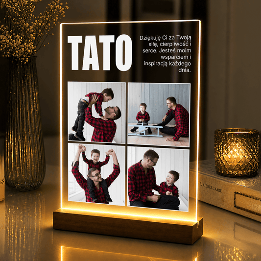 Lampka LED – fotokolaż z podziękowaniami dla Taty na szkle akrylowym - StwórzPrezent.pl