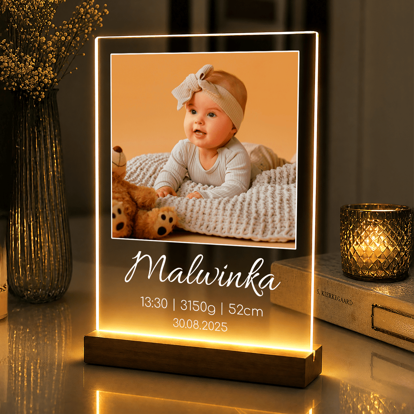 Lampka LED – metryczka dziecka na szkle akrylowym z podświetleniem, prezent dla rodziców - StwórzPrezent.pl
