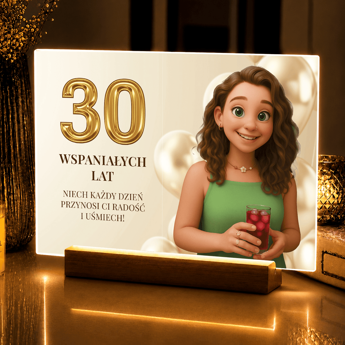 Lampka LED na 30. urodziny – ilustracja na szkle akrylowym dla Niej - StwórzPrezent.pl