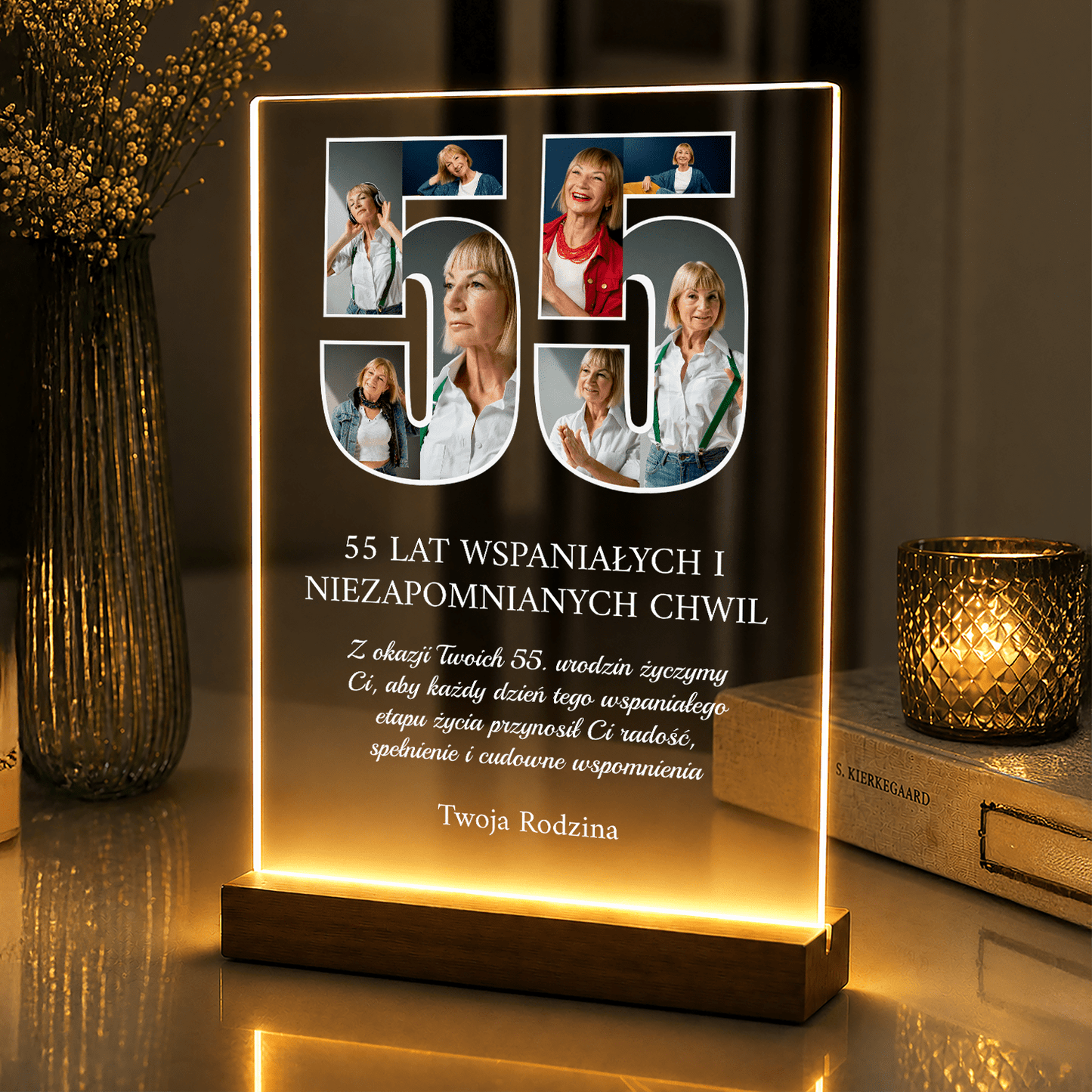 Lampka LED na 55 urodziny – personalizowany panel na szkle akrylowym z podświetleniem - StwórzPrezent.pl