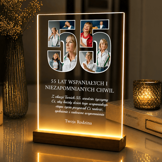 Lampka LED na 55 urodziny – personalizowany panel na szkle akrylowym z podświetleniem - StwórzPrezent.pl