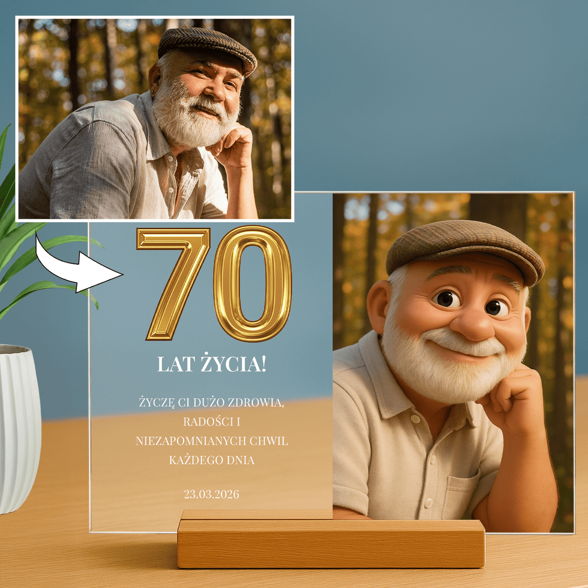 Lampka LED na 70. urodziny – zdjęcia na szkle akrylowym dla Niego - StwórzPrezent.pl