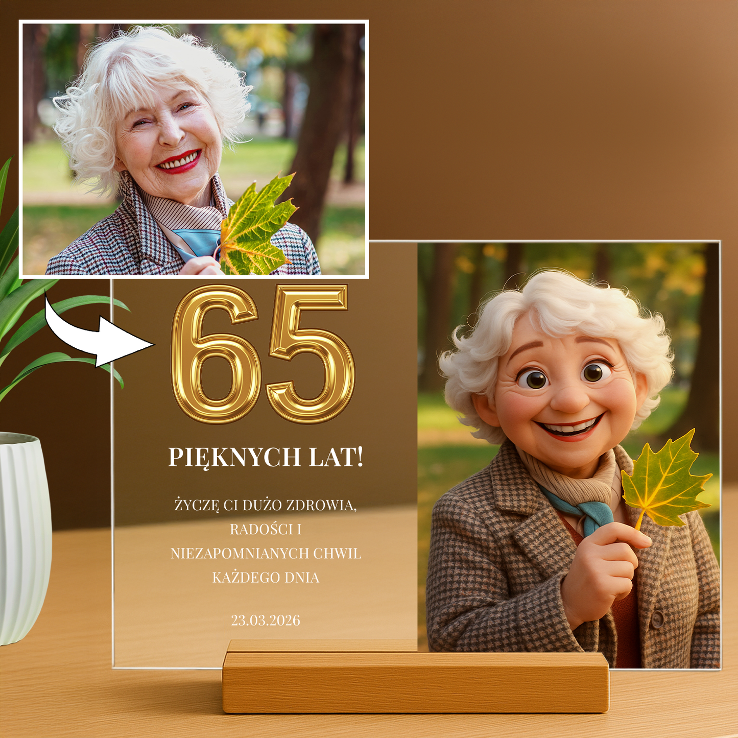 Lampka LED z bajkowym portretem na 65. urodziny na szkle akrylowym - StwórzPrezent.pl