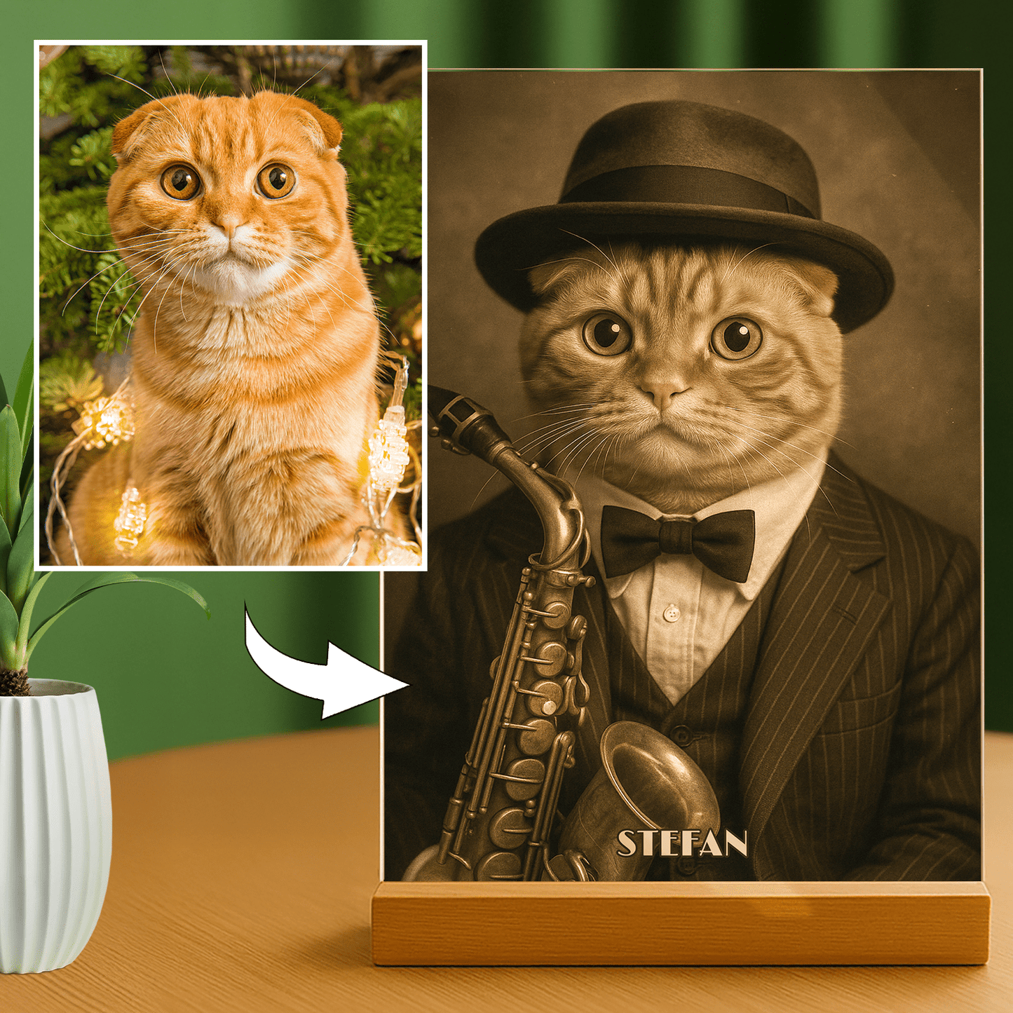 Lampka LED z eleganckim kotem muzykiem – portret na szkle akrylowym - StwórzPrezent.pl