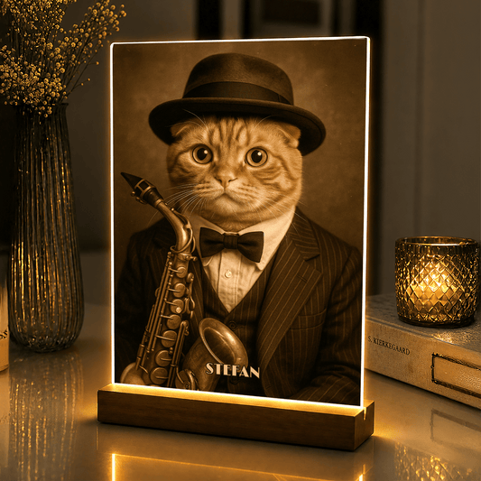 Lampka LED z eleganckim kotem muzykiem – portret na szkle akrylowym - StwórzPrezent.pl