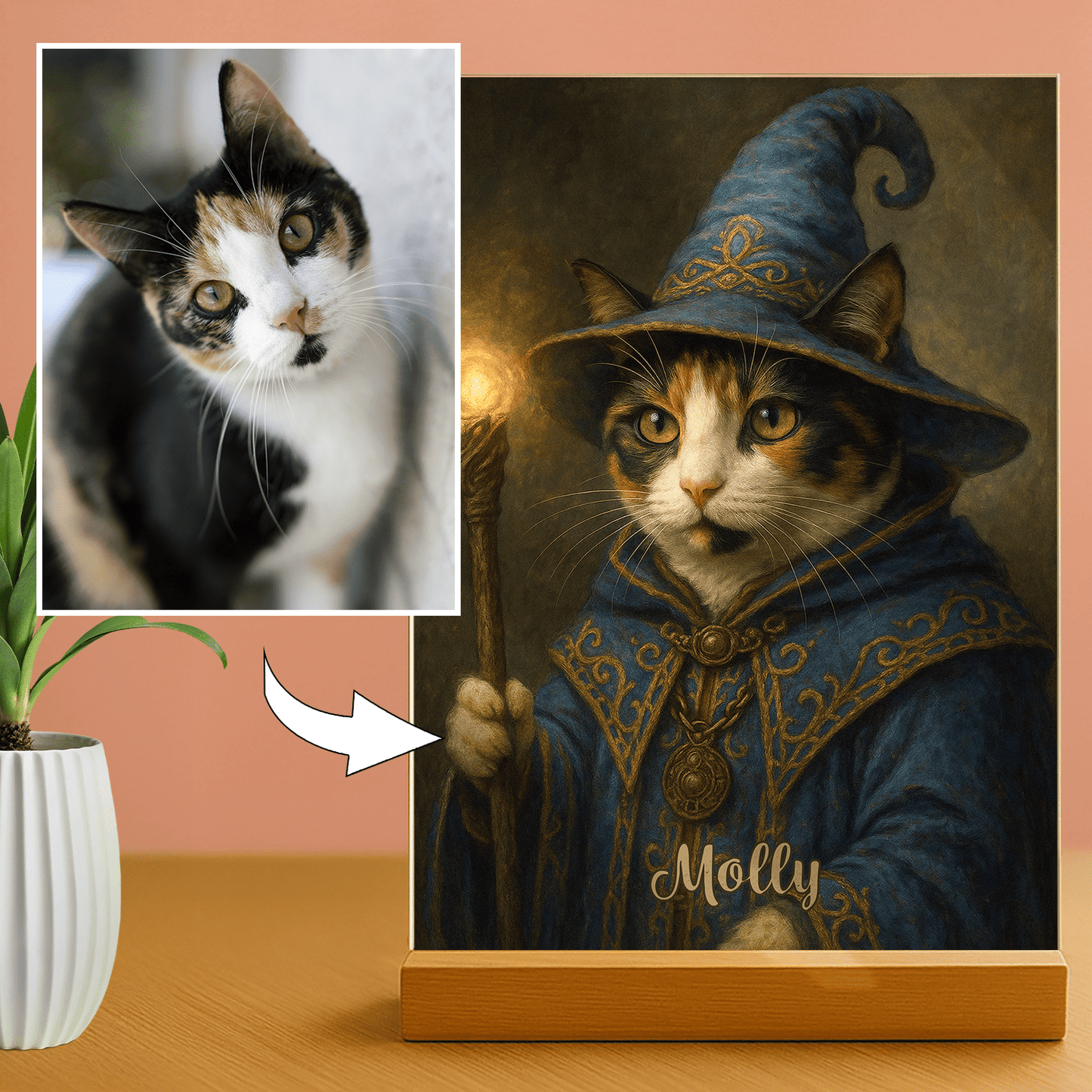 Lampka LED z kotem czarodziejem – portret na szkle akrylowym - StwórzPrezent.pl