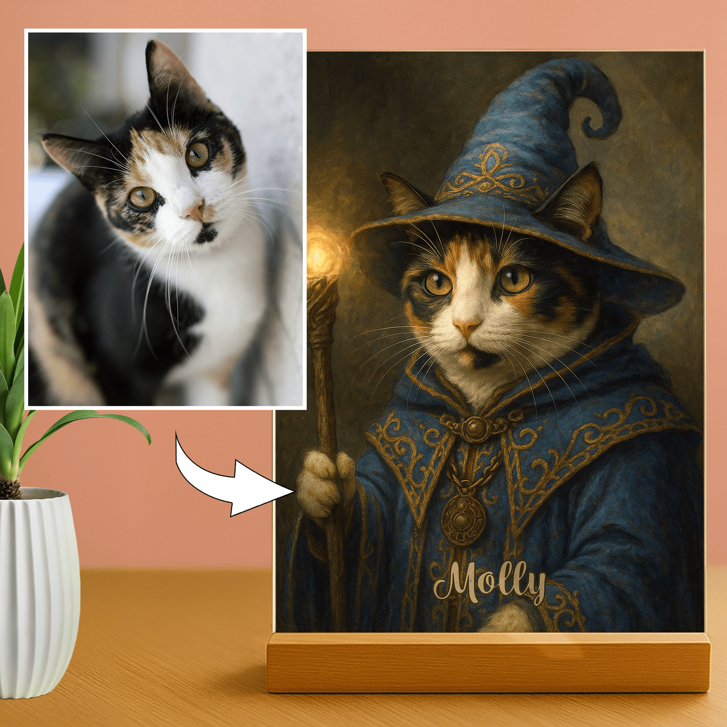 Lampka LED z kotem czarodziejem – portret na szkle akrylowym - StwórzPrezent.pl