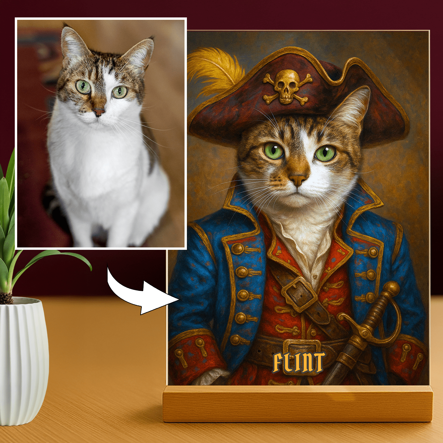 Lampka LED z kotem piratem – portret na szkle akrylowym z podświetleniem - StwórzPrezent.pl