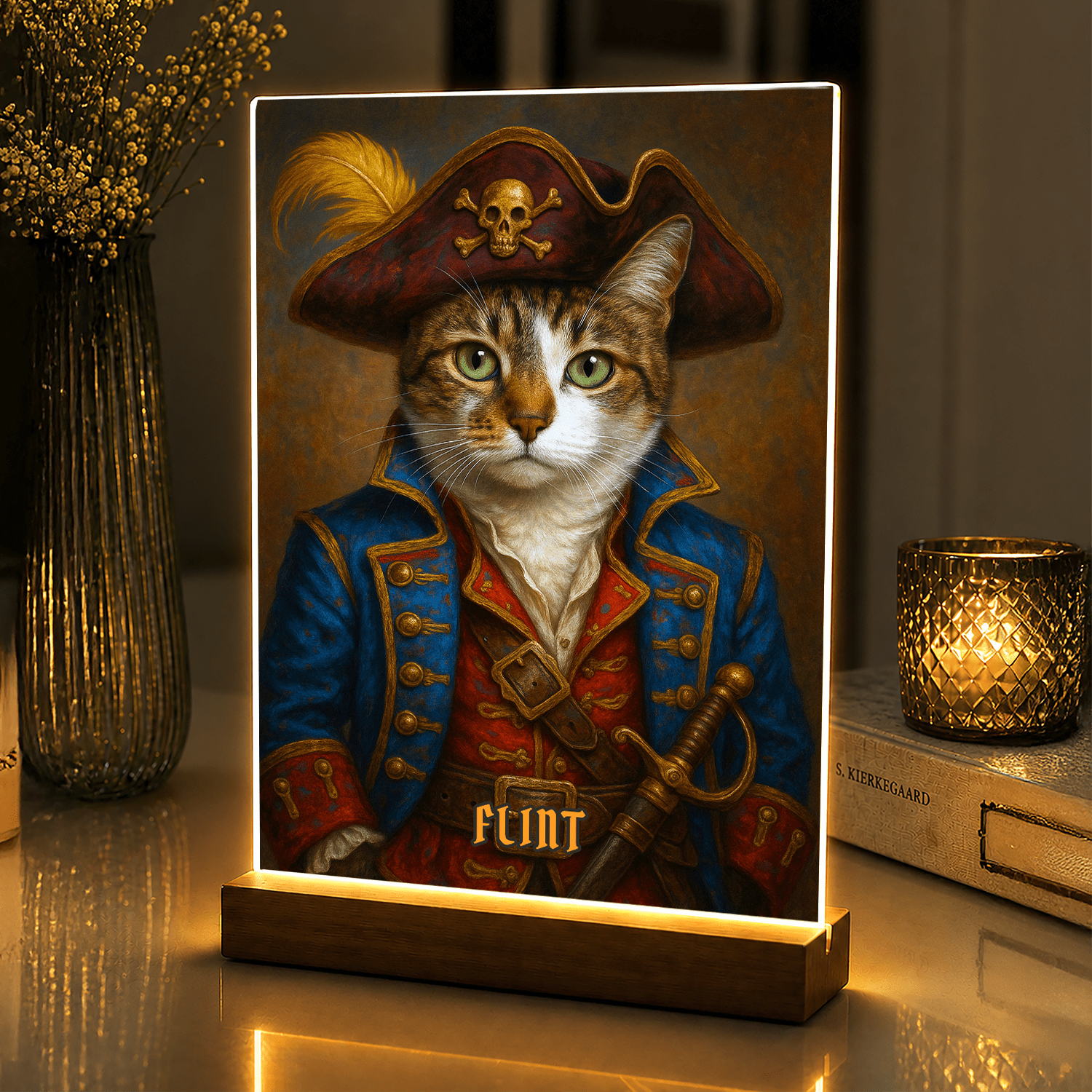 Lampka LED z kotem piratem – portret na szkle akrylowym z podświetleniem - StwórzPrezent.pl