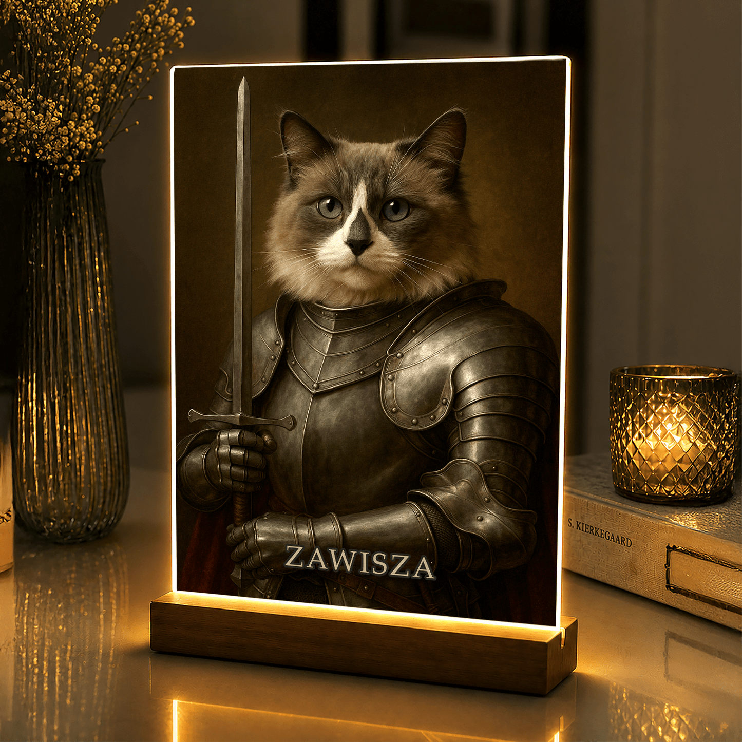 Lampka LED z kotem rycerzem – portret na szkle akrylowym z podświetleniem - StwórzPrezent.pl