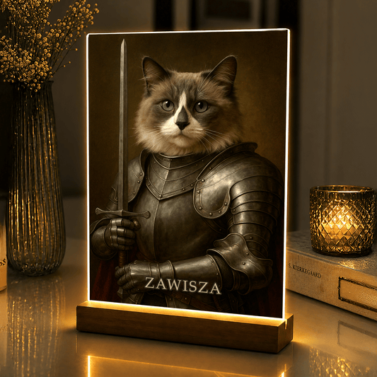 Lampka LED z kotem rycerzem – portret na szkle akrylowym z podświetleniem - StwórzPrezent.pl