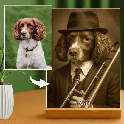 Lampka LED z psem muzykantem – portret na szkle akrylowym z podświetleniem - StwórzPrezent.pl