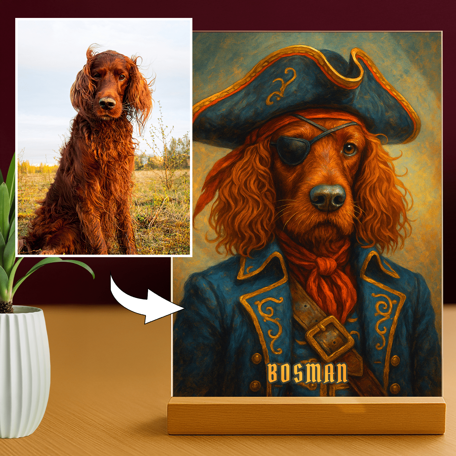 Lampka LED z psem piratem – portret na szkle akrylowym z podświetleniem - StwórzPrezent.pl