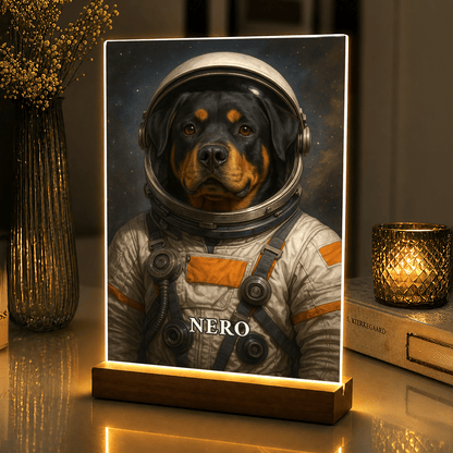 Lampka LED z psem w kosmosie – portret na szkle akrylowym z podświetleniem - StwórzPrezent.pl