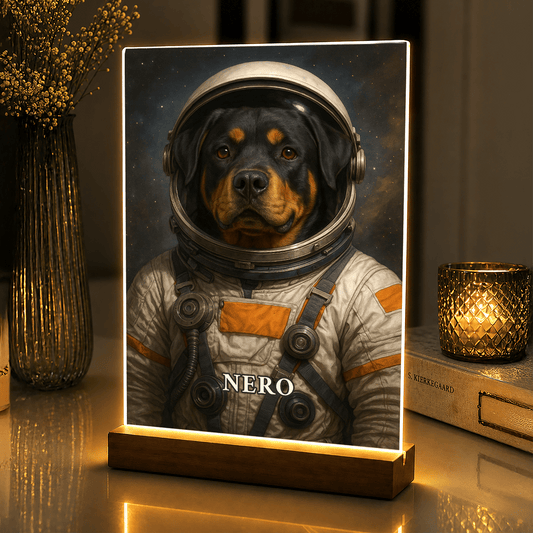Lampka LED z psem w kosmosie – portret na szkle akrylowym z podświetleniem - StwórzPrezent.pl