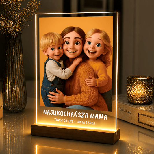 Lampka LED z rodzinnym bajkowym zdjęciem dla Mamy na szkle akrylowym - StwórzPrezent.pl