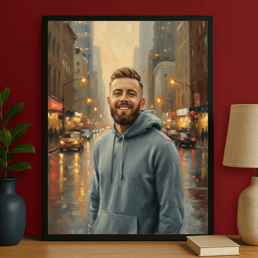 Mężczyzna na tle miasta - portret na plakacie dla niego - StwórzPrezent.pl