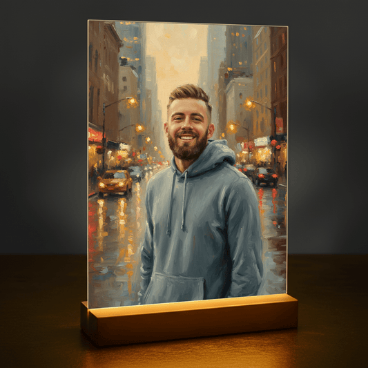 Mężczyzna w centrum miasta - portret na szkle akrylowym dla niego - stworzprezent.pl