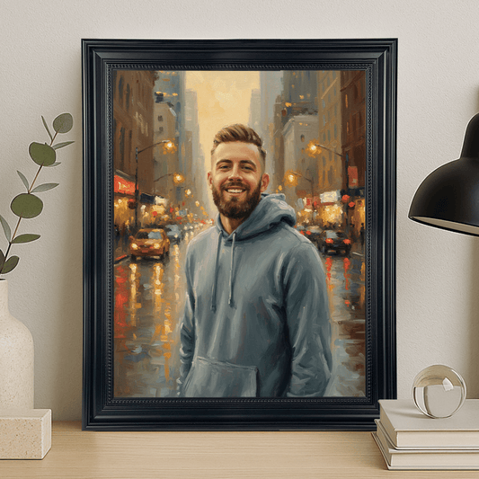 Mężczyzna w środku miasta - portret na płótnie dla niego - StwórzPrezent.pl