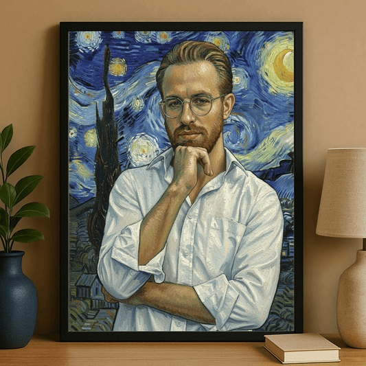 Mężczyzna z gwieździstym niebem w tle - portret na plakacie dla niego - StwórzPrezent.pl