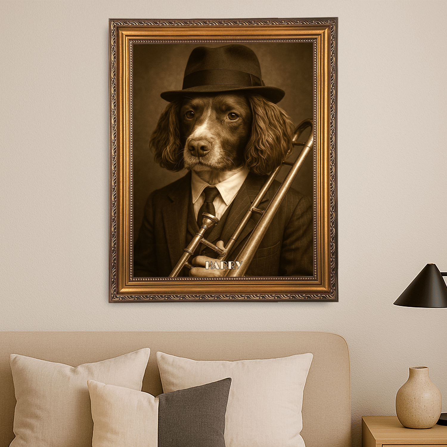 Pies jako muzyk jezzowy - portret na płótnie dla miłośnika psów - StwórzPrezent.pl