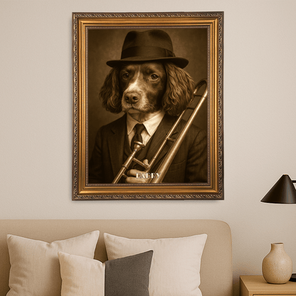 Pies jako muzyk jezzowy - portret na płótnie dla miłośnika psów - StwórzPrezent.pl