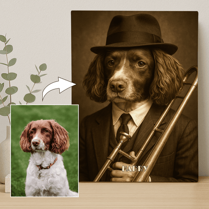 Pies jako muzyk jezzowy - portret na płótnie dla miłośnika psów - StwórzPrezent.pl