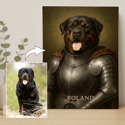 Pies w zbroi rycerskiej - portret na płótnie dla miłośnika psów - StwórzPrezent.pl