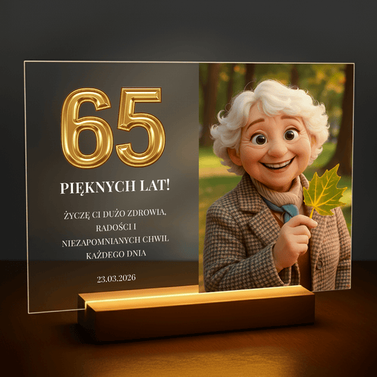 Portret bajkowy na jej 65 urodziny - personalizowany druk na szkle dla niej - stworzprezent.pl