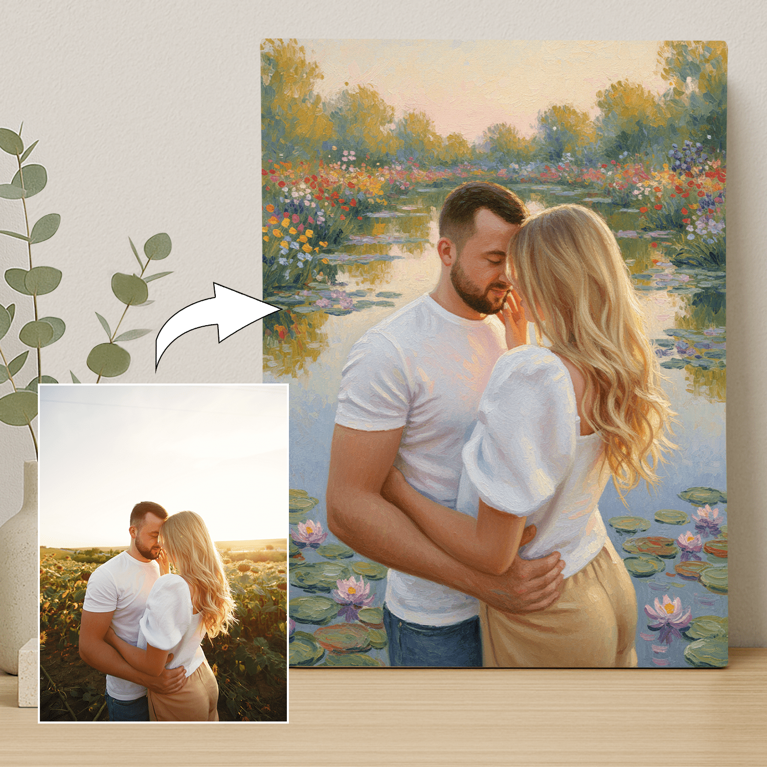 Spacer we dwoje nad stawem - portret na płótnie dla pary - StwórzPrezent.pl