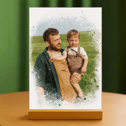 Tata z synkiem w stylu watercolor - portret na szkle akrylowym dla taty - stworzprezent.pl