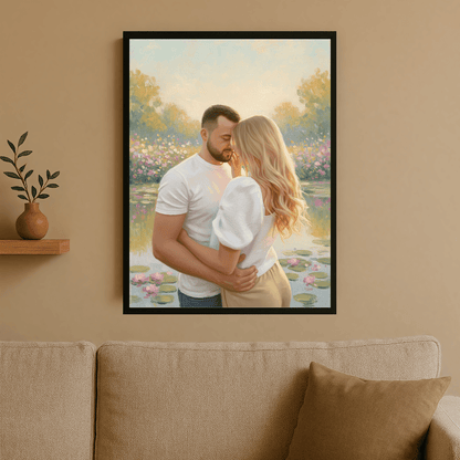 Zakochana para nad stawem - portret na plakacie dla pary - StwórzPrezent.pl