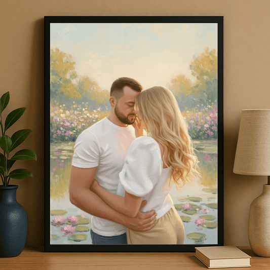 Zakochana para nad stawem - portret na plakacie dla pary - StwórzPrezent.pl