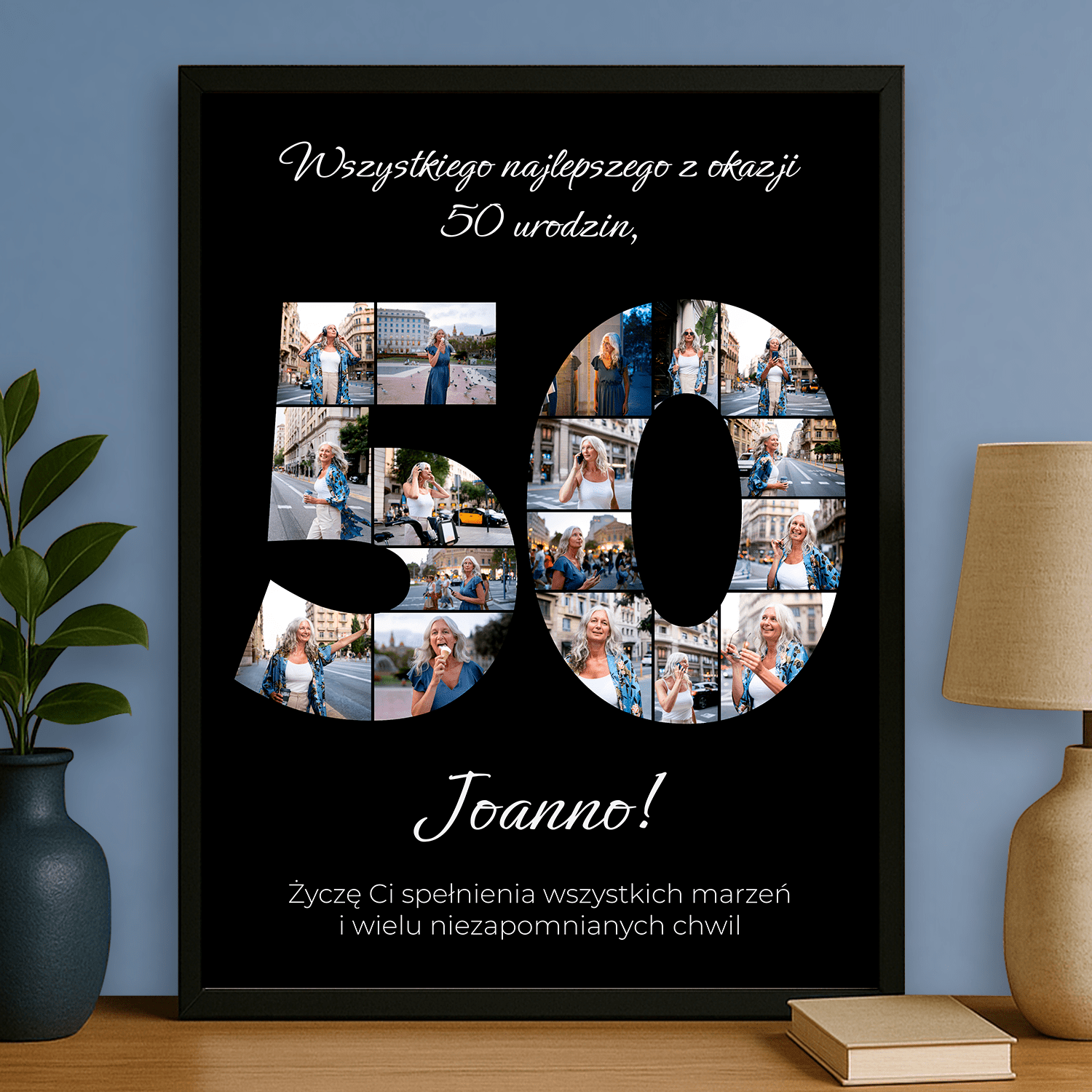 Życzenia na 50. + kolaż zdjęć - plakat personalizowany dla kobiety - StwórzPrezent.pl